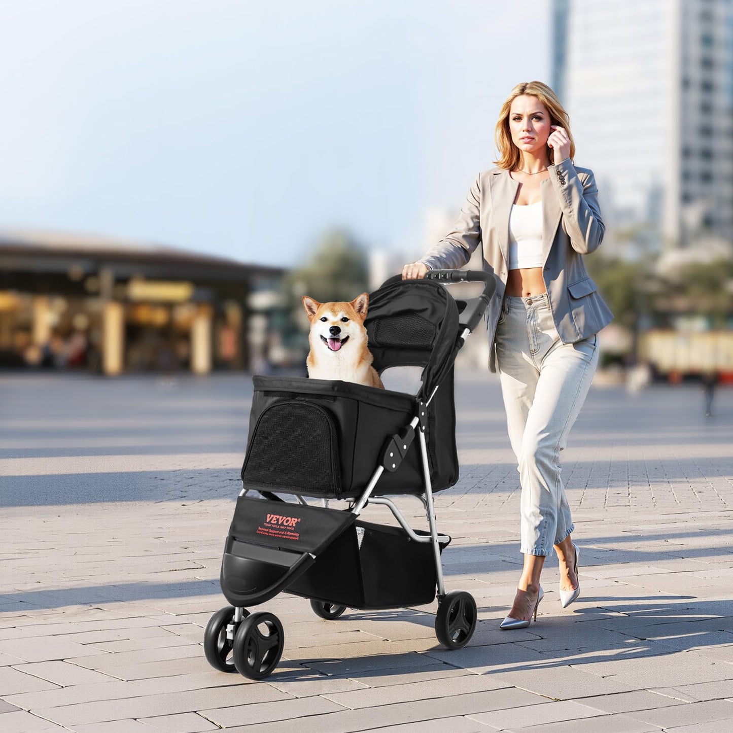VEVOR Pet Stroller, 35 lbs Weight Capacity, Foldable Dog Stroller Cart, 4 Wheels Cats Strollers with with Detachable Carrier & Mesh Windows, Portable Design with Brake for Small to Medium Pets