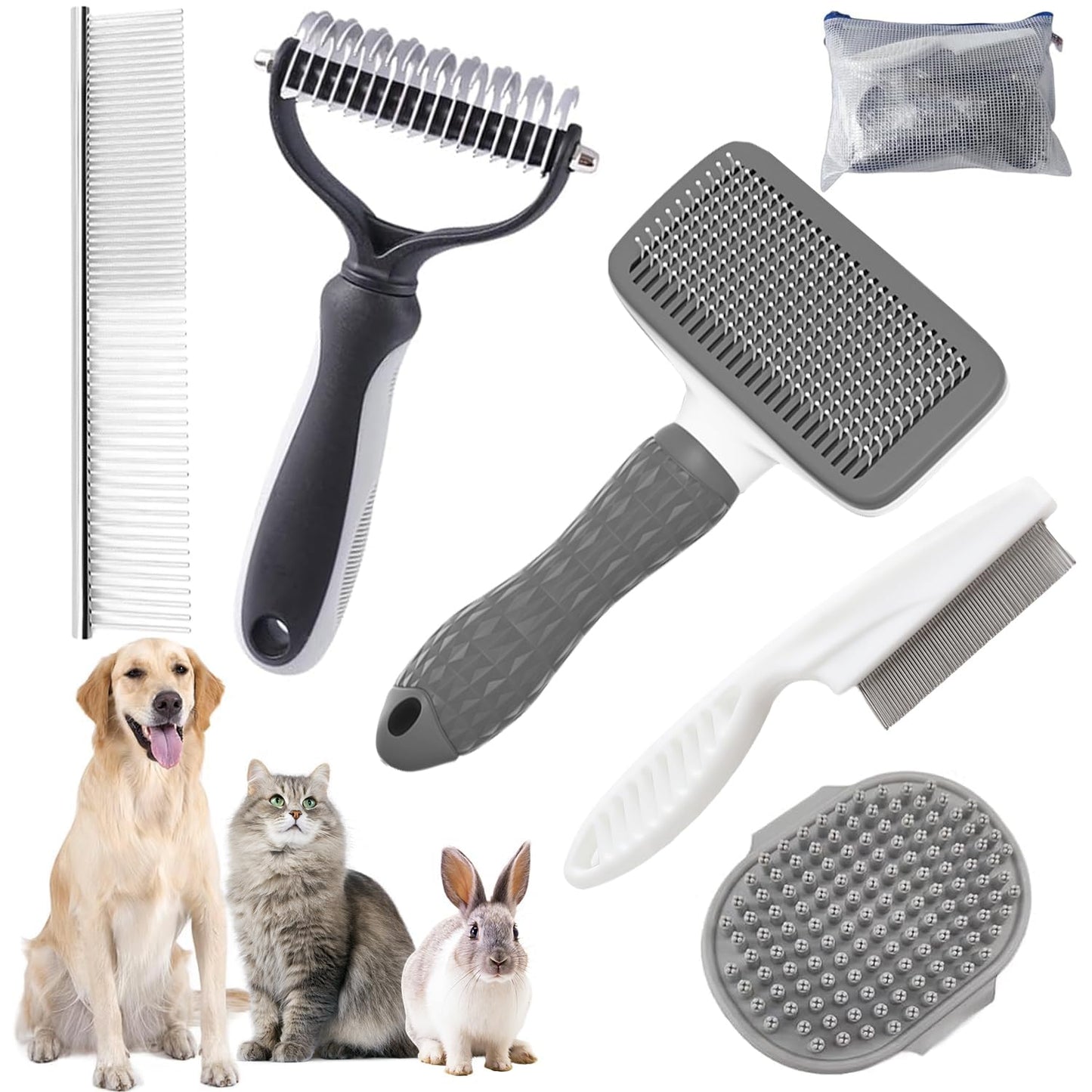 Bath Grooming Kit for Pets - Hair Brush Set with Towel, Washing Gloves, and Shampoo Scrubber Brush for Dogs and Cats (Pink)