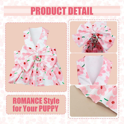 Dog Dress Bowknot Harness Leash Set for Small Girl Dogs Pink Floral Dog Cat Clothes Cute Puppy Outfits Pet Clothes Spring Summer Breathable Dresses(Samll)