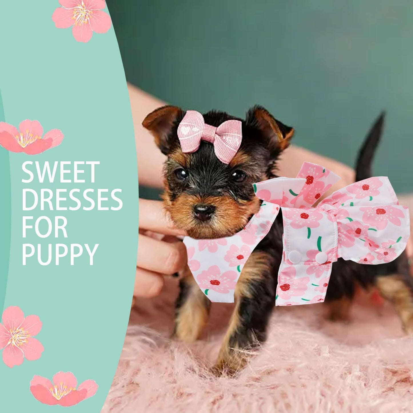 Dog Dress Bowknot Harness Leash Set for Small Girl Dogs Pink Floral Dog Cat Clothes Cute Puppy Outfits Pet Clothes Spring Summer Breathable Dresses(Samll)