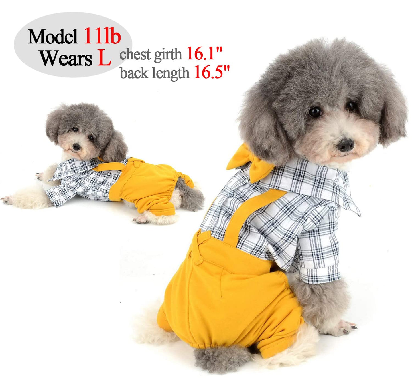 Pet Clothes Dog Shirts Classic Plaid Striped Overall Jumpsuit, Gentle Puppy Wedding Birthday Western Onesies Apparel, Fashion Daily Outfit with Bowtie for Dogs and Cats (Medium, Khaki)