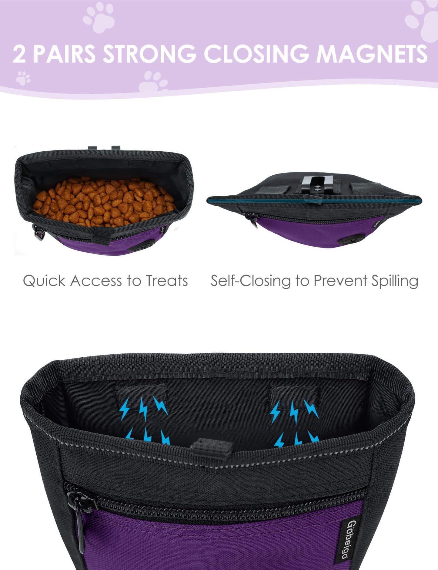 Gobeigo Dog Treat Pouch and Training Clicker, Upgrade Two Magnetic Closure to Prevent Spills, 2 Cup Treat Bag with Poop Bag Dispenser, Metal Clip Waist Belt Fanny Pack for Pet Walk (Black/Blue)