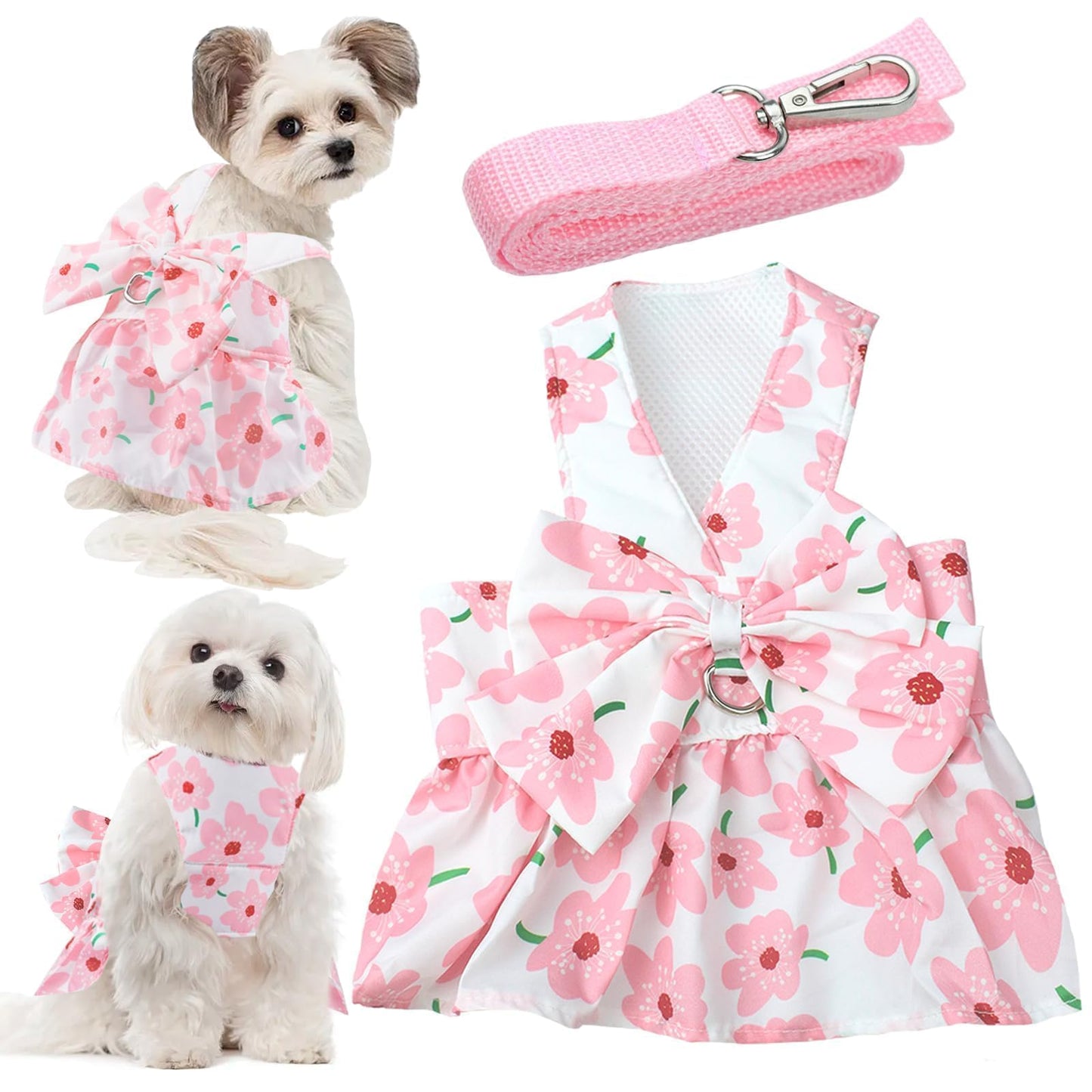 Dog Dress Bowknot Harness Leash Set for Small Girl Dogs Pink Floral Dog Cat Clothes Cute Puppy Outfits Pet Clothes Spring Summer Breathable Dresses(Samll)