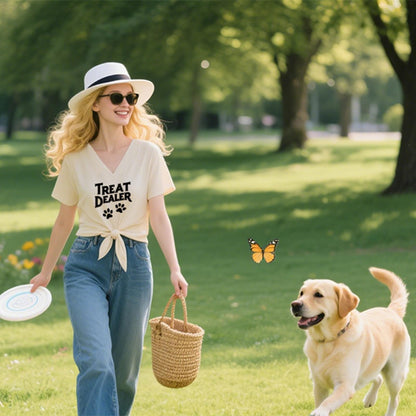 Treat Dealer T Shirt Women, V Neck Short Sleeve Tops Cute Dog Paw Print Graphic Tees Funny Humor Dog Owner Shirts