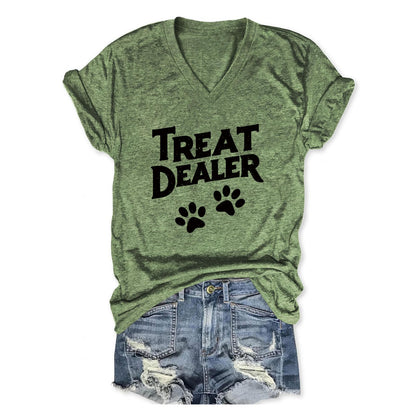 Treat Dealer T Shirt Women, V Neck Short Sleeve Tops Cute Dog Paw Print Graphic Tees Funny Humor Dog Owner Shirts