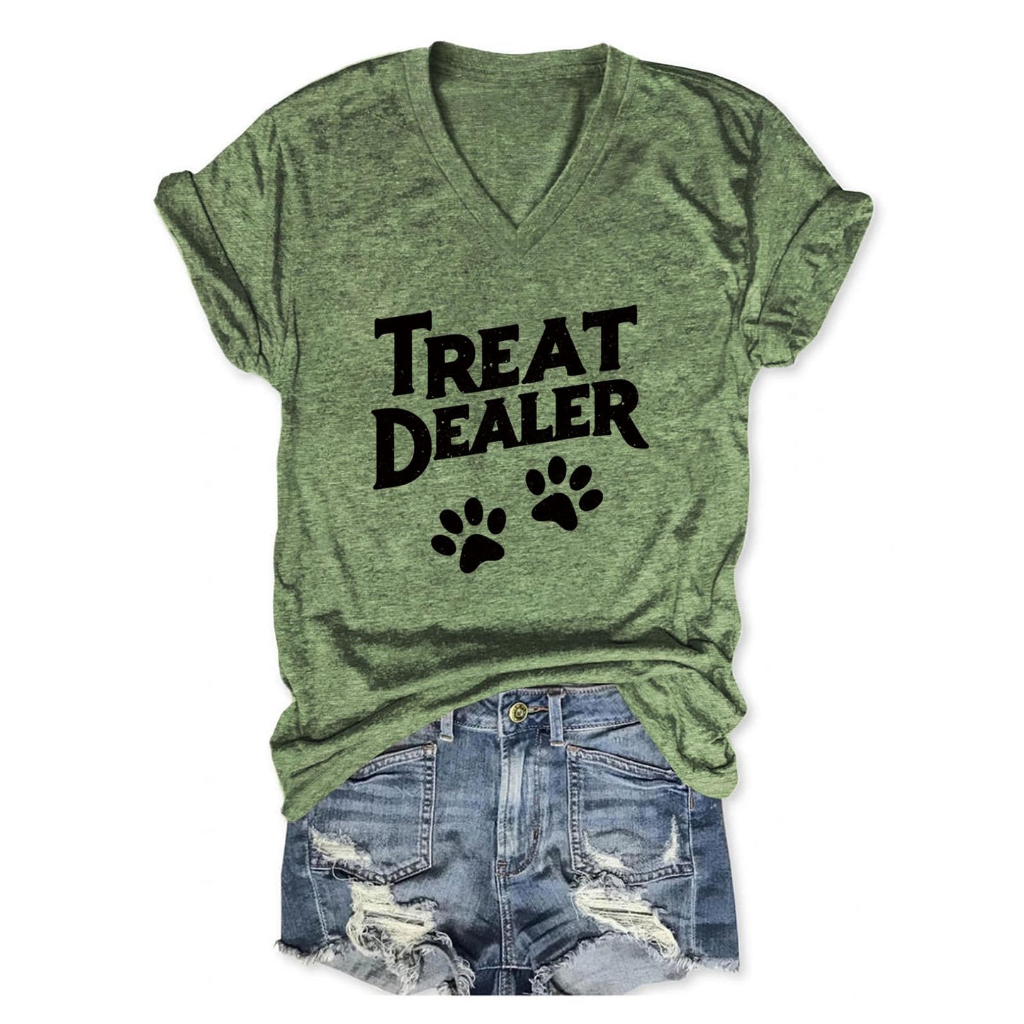 Treat Dealer T Shirt Women, V Neck Short Sleeve Tops Cute Dog Paw Print Graphic Tees Funny Humor Dog Owner Shirts