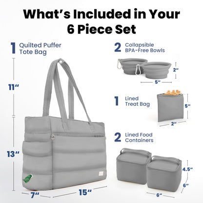 rubyloo Puffer Dog Travel Bag for Dog Moms – Doggy Diaper Bag with Pet Bowls & Food Storage or Everyday Puffy Tote – Doggy Mom Gifts for Women – Lightweight, Travel-Ready Gift for Pet Lovers – Beige