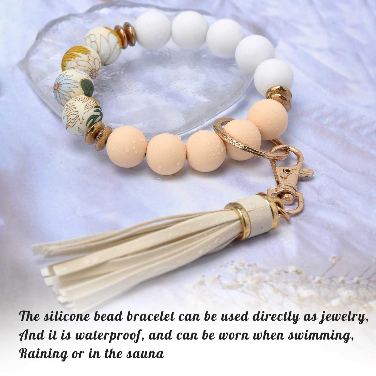 BAOSIWA Silicone Beaded Bracelet Keychain Wristlet Key Ring Bangle Chains for Women with Leather Tassel