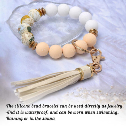 BAOSIWA Silicone Beaded Bracelet Keychain Wristlet Key Ring Bangle Chains for Women with Leather Tassel