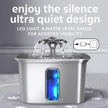 Veken Innovation Award Winner Stainless Steel Cat Water Fountain, 108oz/3.2L Automatic Pet Fountain Dog Water Dispenser with 3 Replacement Filters & Silicone Mat, Gifts for Cats, Dogs (Silver)