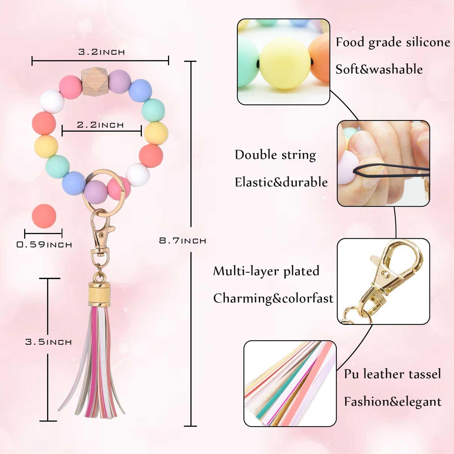 BAOSIWA Silicone Beaded Bracelet Keychain Wristlet Key Ring Bangle Chains for Women with Leather Tassel