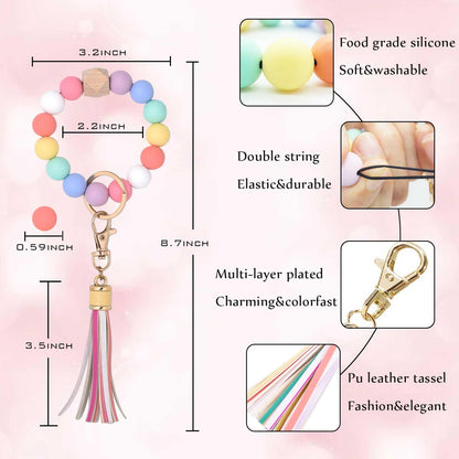 BAOSIWA Silicone Beaded Bracelet Keychain Wristlet Key Ring Bangle Chains for Women with Leather Tassel