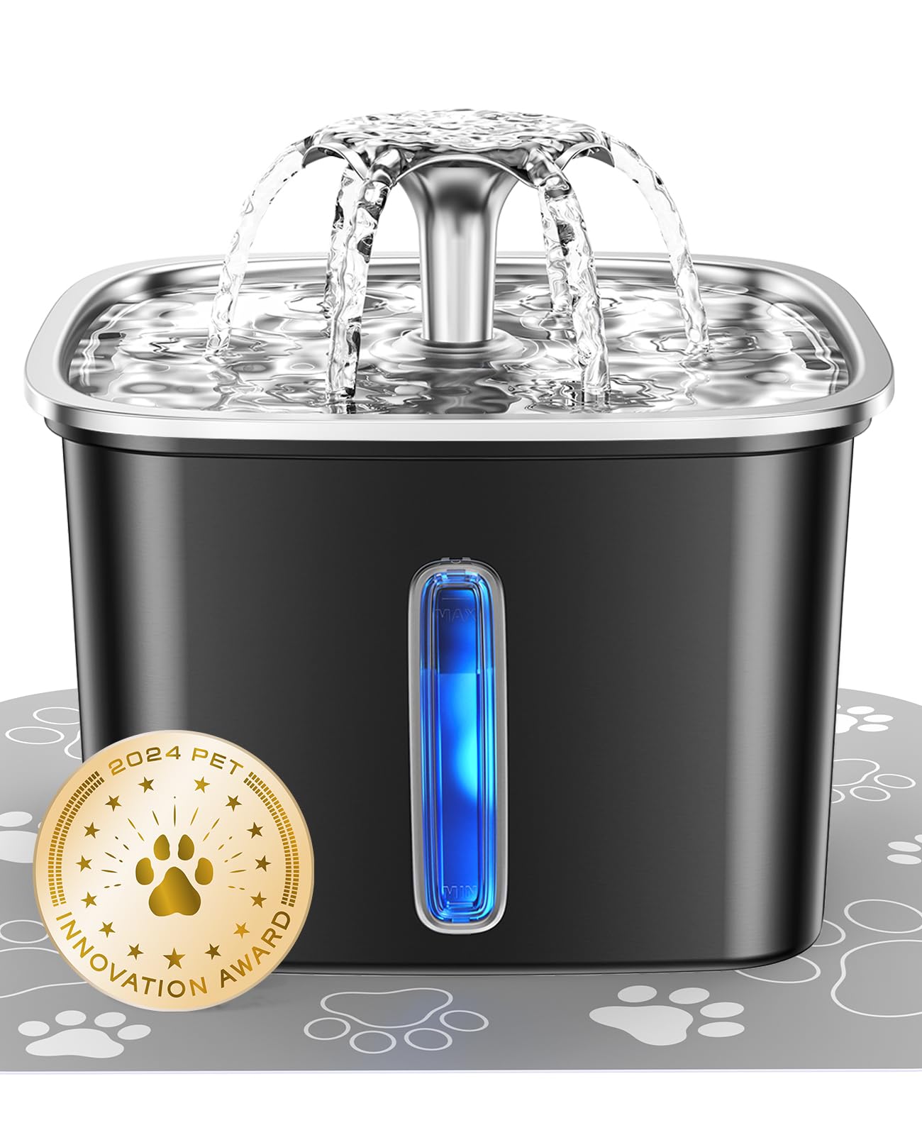 Veken Innovation Award Winner Stainless Steel Cat Water Fountain, 108oz/3.2L Automatic Pet Fountain Dog Water Dispenser with 3 Replacement Filters & Silicone Mat, Gifts for Cats, Dogs (Silver)