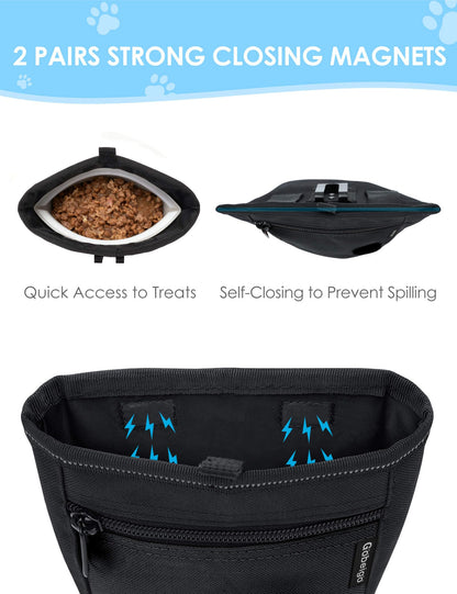 Gobeigo Dog Treat Pouch and Training Clicker, Upgrade Two Magnetic Closure to Prevent Spills, 2 Cup Treat Bag with Poop Bag Dispenser, Metal Clip Waist Belt Fanny Pack for Pet Walk (Black/Blue)