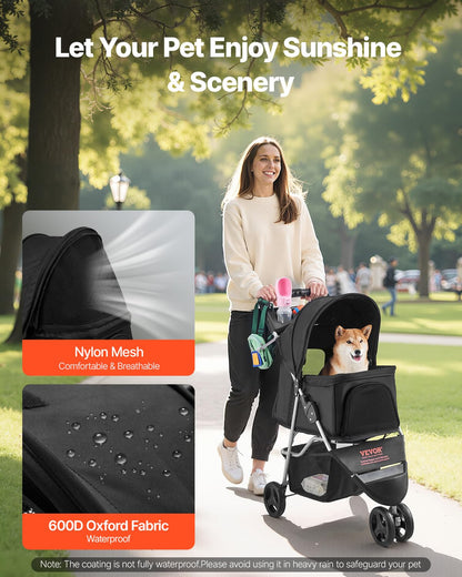 VEVOR Pet Stroller, 35 lbs Weight Capacity, Foldable Dog Stroller Cart, 4 Wheels Cats Strollers with with Detachable Carrier & Mesh Windows, Portable Design with Brake for Small to Medium Pets