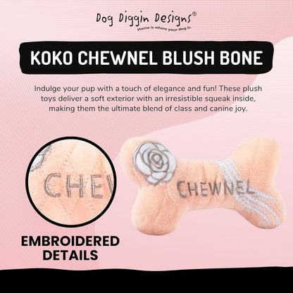 Dog Diggin Designs Chewnel Blush Plush Dog Toy Bone | Luxury-Inspired Parody Designer Bone with Squeaker, Soft Plush Chew & Play Dog Toy – Prêt-à-Porter Play!