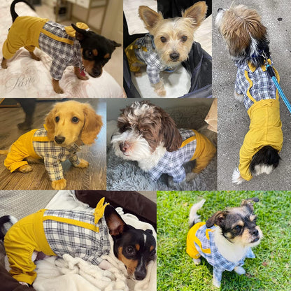 Pet Clothes Dog Shirts Classic Plaid Striped Overall Jumpsuit, Gentle Puppy Wedding Birthday Western Onesies Apparel, Fashion Daily Outfit with Bowtie for Dogs and Cats (Medium, Khaki)