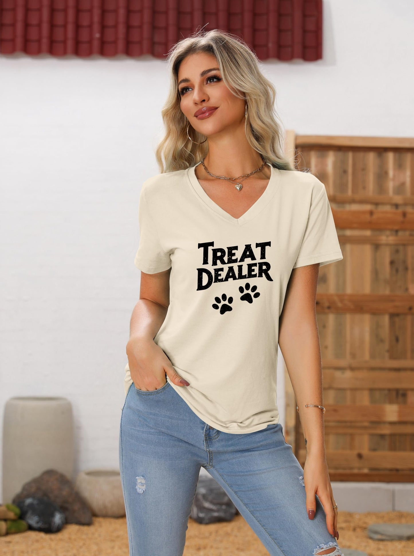Treat Dealer T Shirt Women, V Neck Short Sleeve Tops Cute Dog Paw Print Graphic Tees Funny Humor Dog Owner Shirts