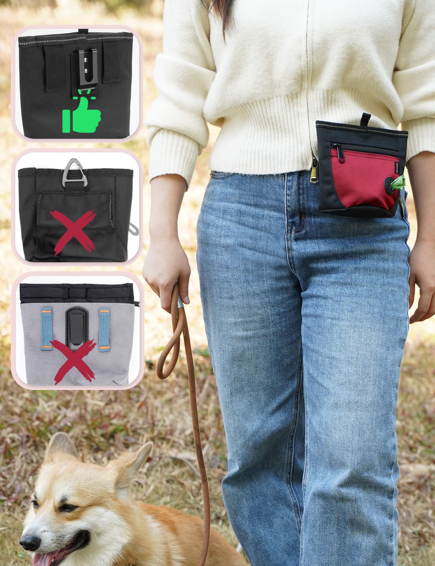 Gobeigo Dog Treat Pouch and Training Clicker, Upgrade Two Magnetic Closure to Prevent Spills, 2 Cup Treat Bag with Poop Bag Dispenser, Metal Clip Waist Belt Fanny Pack for Pet Walk (Black/Blue)