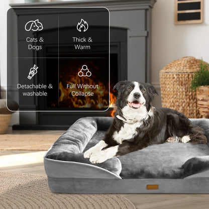 Orthopedic Dog Bed with Sides - Dog Sofa Beds for Medium Dogs, Supportive Foam Pet Couch Bed with Washable Removable Cover, Waterproof Lining and Non-Slip Bottom, Grey - M