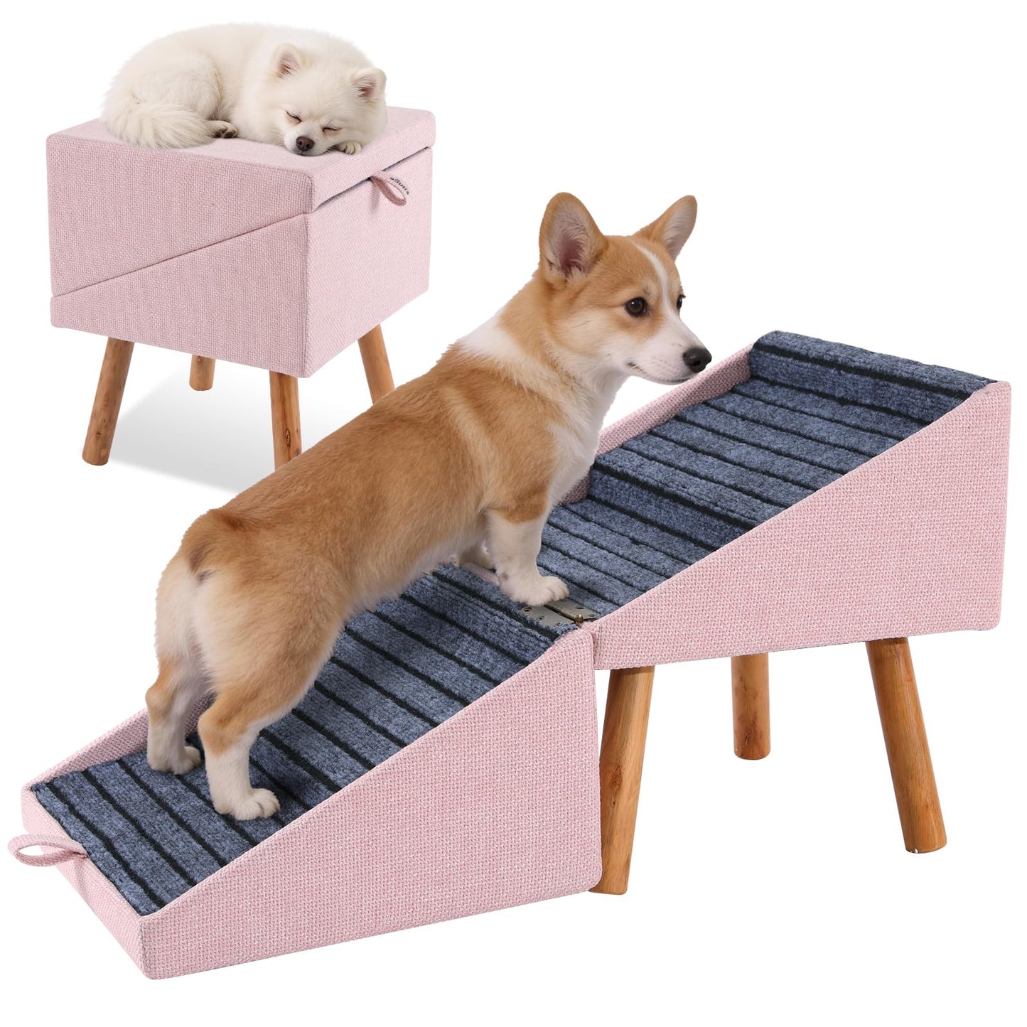 17.13" H Dog Stairs for Small Dogs, 2-in-1 Pet Steps & Ottoman - Foldable Dog Stairs for Couch, Non-Slip Wooden Pet Stairs for Puppy Senior Injured Dogs (Black)