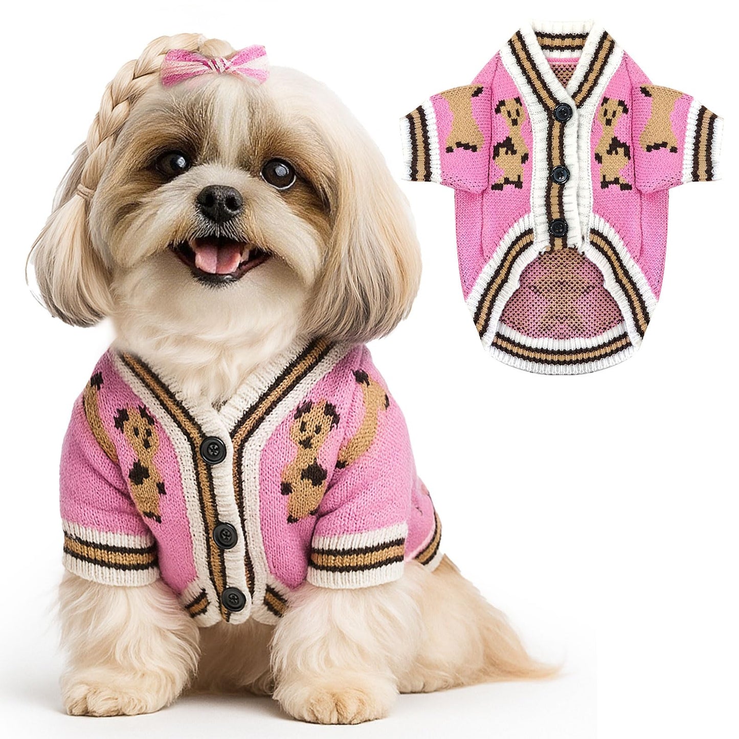 ABRRLO Small Dog Sweaters Cute Bear Dog Cardigans Clothes for Small Medium Dogs Boy Girl Puppy Cat Knitting Cardigan Outfits Dogs Autumn Coats Warm Pet Doggy Clothes Soft Knitwear Apparel (Beige,M)