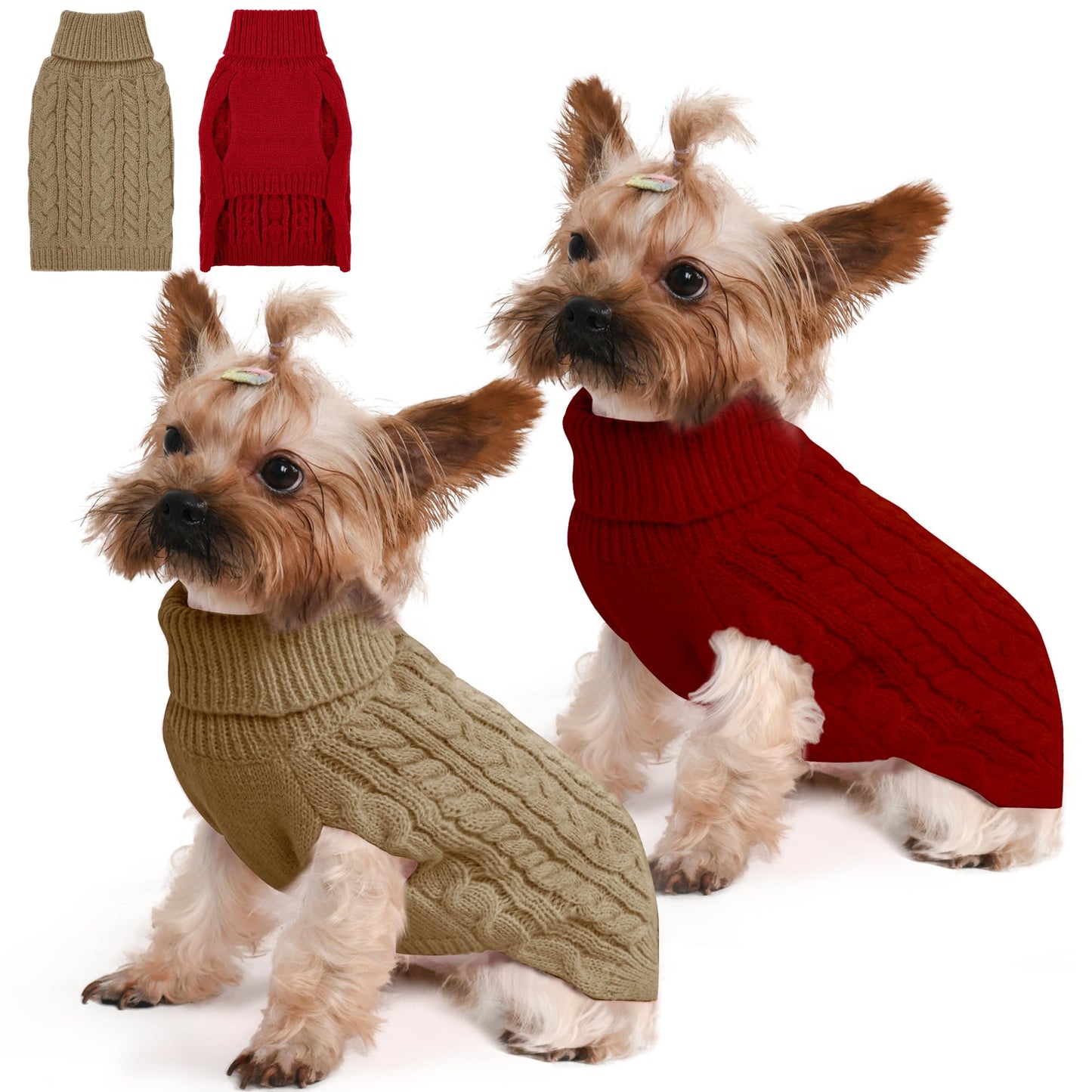 2 Pack Dog Sweaters for Small Dogs Winter Turtleneck Pullover Cable Knit Fleece Stretch Puppy Doggie Chihuahua Toy Poodle Yorkie Pomeranian Boy Girl Pet Clothes (S, Pink & Purple)
