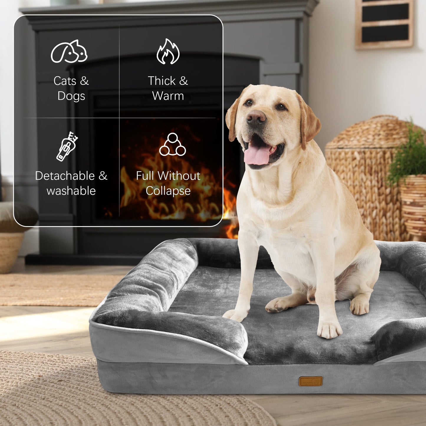 Orthopedic Dog Bed with Sides - Dog Sofa Beds for Medium Dogs, Supportive Foam Pet Couch Bed with Washable Removable Cover, Waterproof Lining and Non-Slip Bottom, Grey - M