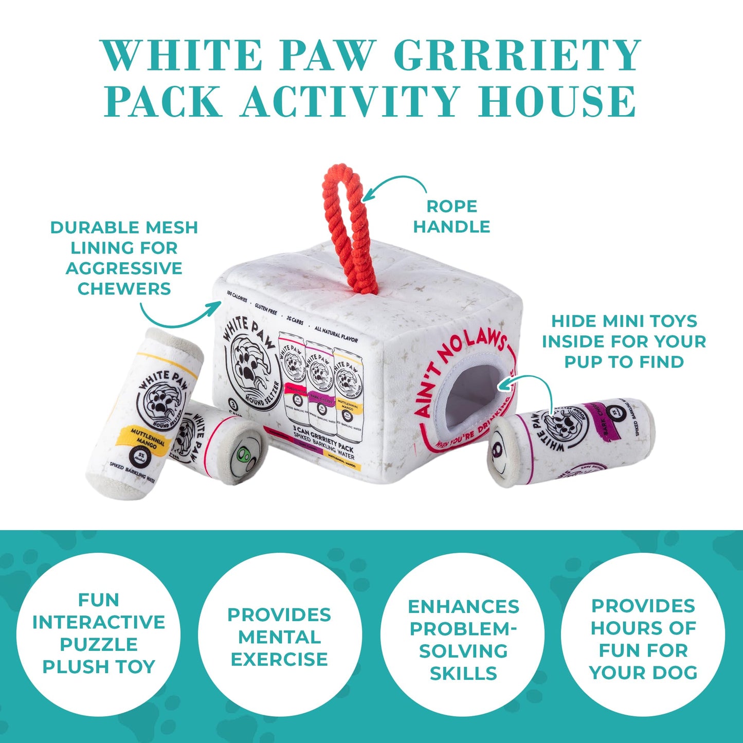 Haute Diggity Dog White Paw Grrriety Pack Activity House, Plush Designer Dog Toys with Interactive Squeaker, Stimulating Pet Enrichment, Machine-Washable & Safe Materials for All Breeds, One Size