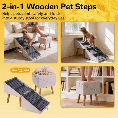 17.13" H Dog Stairs for Small Dogs, 2-in-1 Pet Steps & Ottoman - Foldable Dog Stairs for Couch, Non-Slip Wooden Pet Stairs for Puppy Senior Injured Dogs (Black)