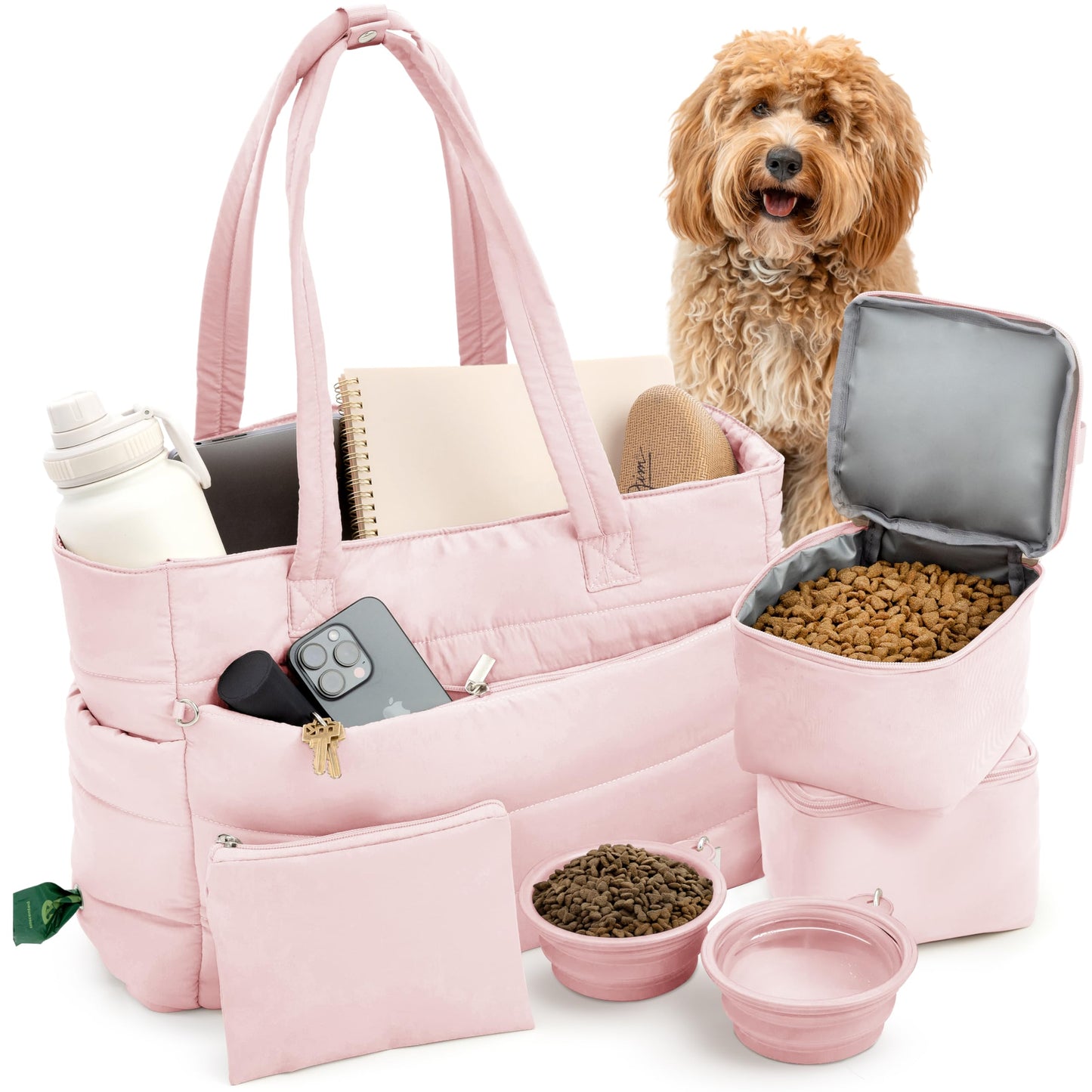 rubyloo Puffer Dog Travel Bag for Dog Moms – Doggy Diaper Bag with Pet Bowls & Food Storage or Everyday Puffy Tote – Doggy Mom Gifts for Women – Lightweight, Travel-Ready Gift for Pet Lovers – Beige