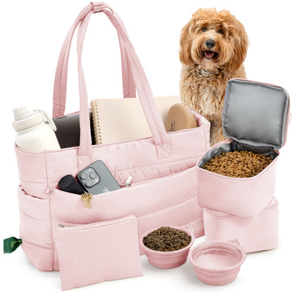 rubyloo Puffer Dog Travel Bag for Dog Moms – Doggy Diaper Bag with Pet Bowls & Food Storage or Everyday Puffy Tote – Doggy Mom Gifts for Women – Lightweight, Travel-Ready Gift for Pet Lovers – Beige