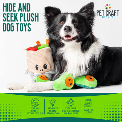 Pet Craft Supply Hide and Seek Plush Dog Toys Crinkle Squeaky Interactive Burrow Activity Puzzle Chew Fetch Treat Hiding Brain Stimulating Cute Funny Toy Bundle Pack for Small and Medium Dogs Puppies