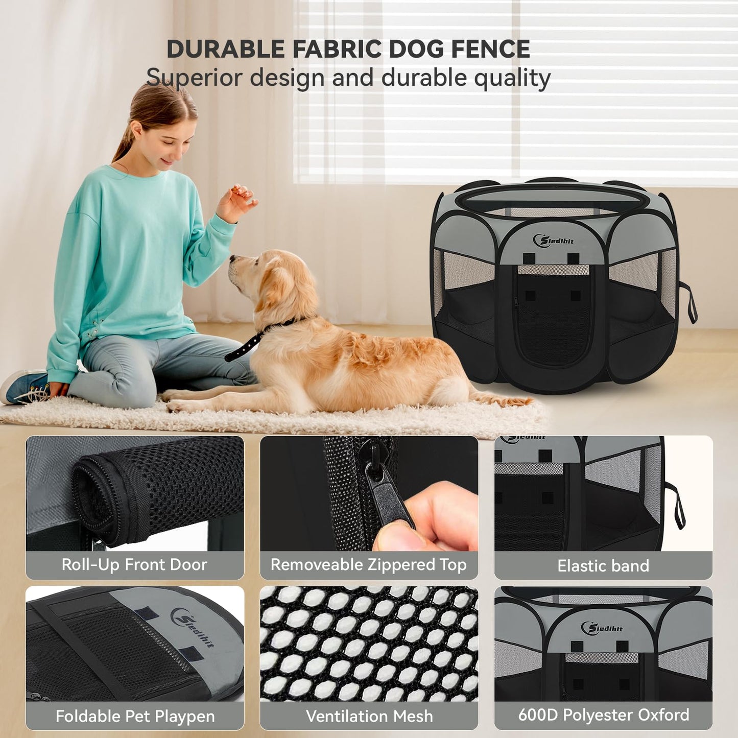 Siedihit Dog Cat Playpen, Puppy Pet Playpen Indoor for Small Dog Crate Tent Cage Outdoor, Portable Pop Up Dogs Enclosure Kennel with Carrying Case for Dogs/Cats/Rabbits(Grey, Small