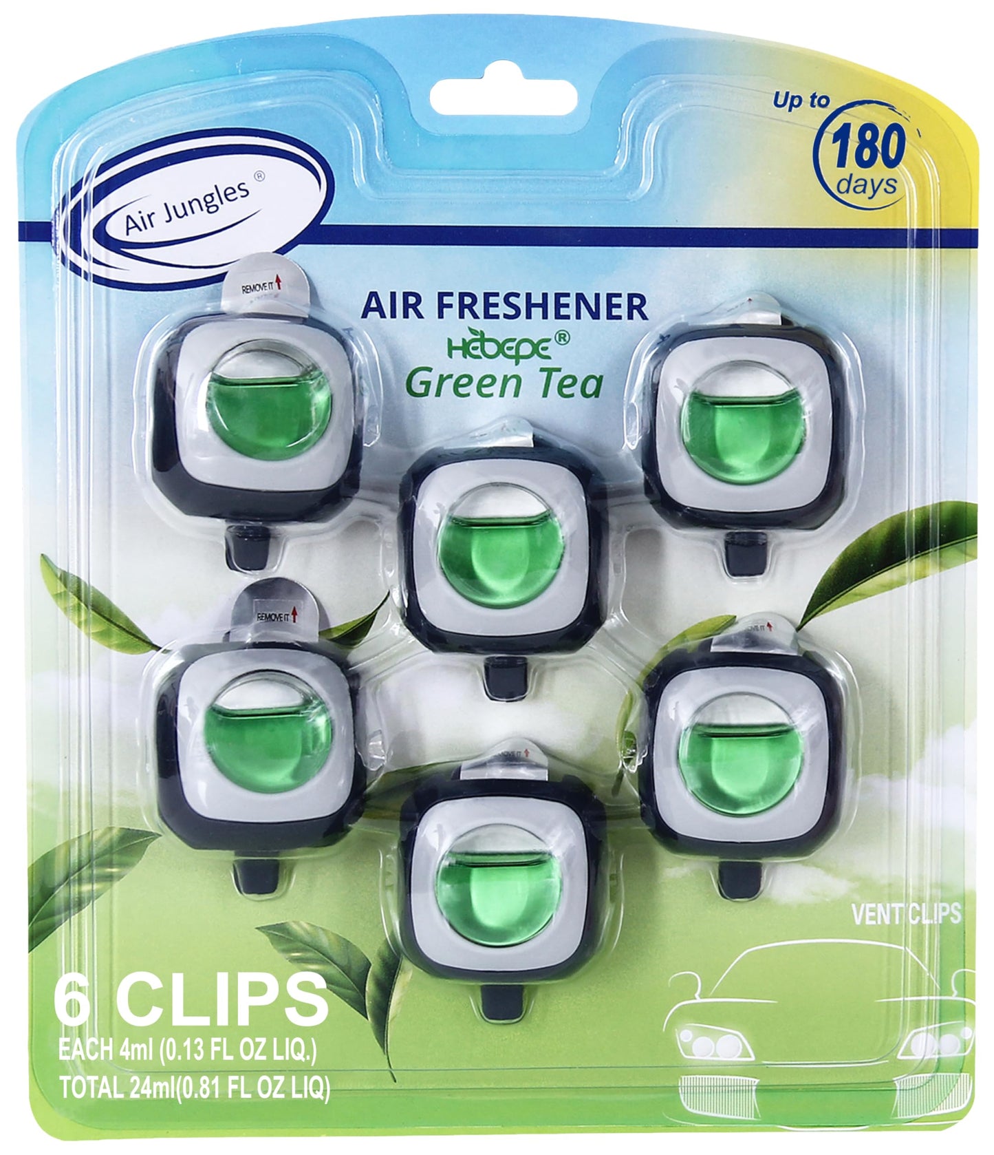 Air Jungles New Car Scent Car Air Freshener Vent Clip, 6 Count Long Lasting Up to 180 days, Natural Essential Oil Car Fragrance for Women and Men, Odor Eliminator - 4ml Each