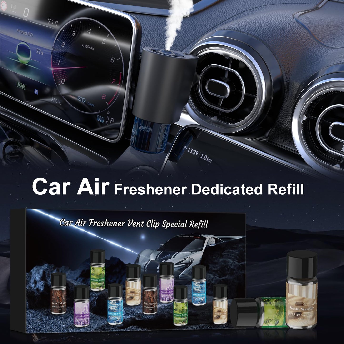 Car Air Freshener, 5 Scents, 10 Refills, Smart car Air Freshener for Vent Clips, Auto On/Off, Three Spray Modes, Car Fresheners Long Lasting (1Pack)