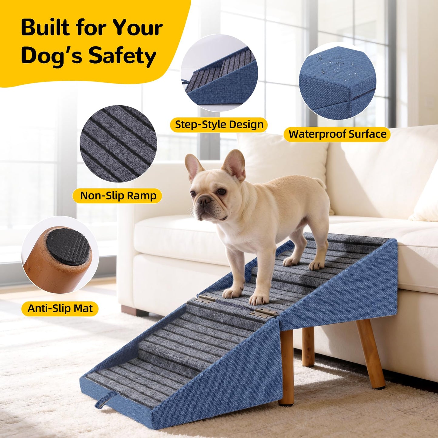 17.13" H Dog Stairs for Small Dogs, 2-in-1 Pet Steps & Ottoman - Foldable Dog Stairs for Couch, Non-Slip Wooden Pet Stairs for Puppy Senior Injured Dogs (Black)