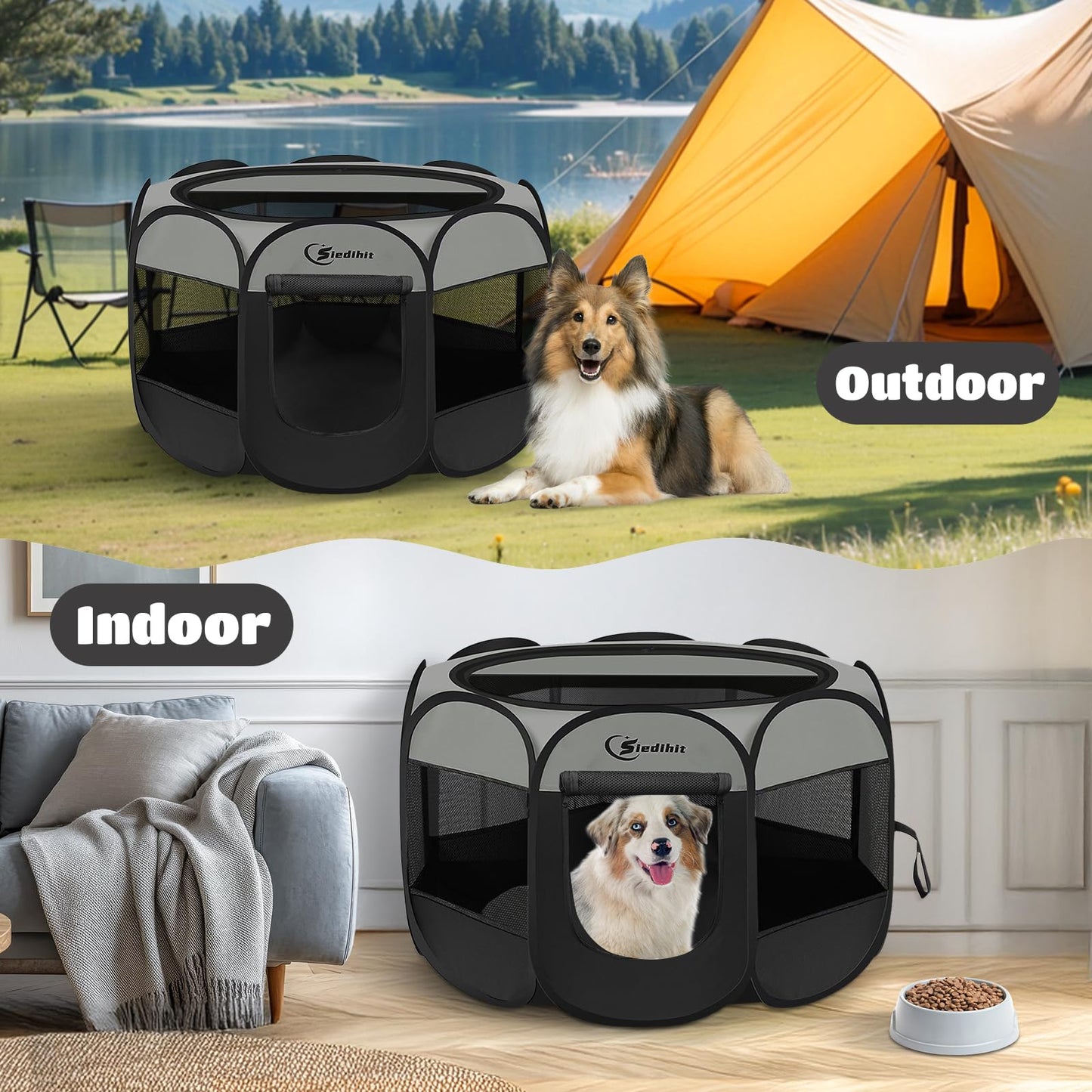 Siedihit Dog Cat Playpen, Puppy Pet Playpen Indoor for Small Dog Crate Tent Cage Outdoor, Portable Pop Up Dogs Enclosure Kennel with Carrying Case for Dogs/Cats/Rabbits(Grey, Small