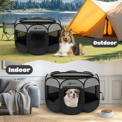 Siedihit Dog Cat Playpen, Puppy Pet Playpen Indoor for Small Dog Crate Tent Cage Outdoor, Portable Pop Up Dogs Enclosure Kennel with Carrying Case for Dogs/Cats/Rabbits(Grey, Small