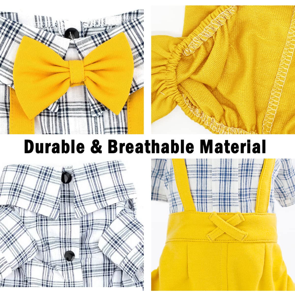 Pet Clothes Dog Shirts Classic Plaid Striped Overall Jumpsuit, Gentle Puppy Wedding Birthday Western Onesies Apparel, Fashion Daily Outfit with Bowtie for Dogs and Cats (Medium, Khaki)