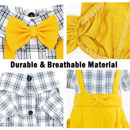 Pet Clothes Dog Shirts Classic Plaid Striped Overall Jumpsuit, Gentle Puppy Wedding Birthday Western Onesies Apparel, Fashion Daily Outfit with Bowtie for Dogs and Cats (Medium, Khaki)