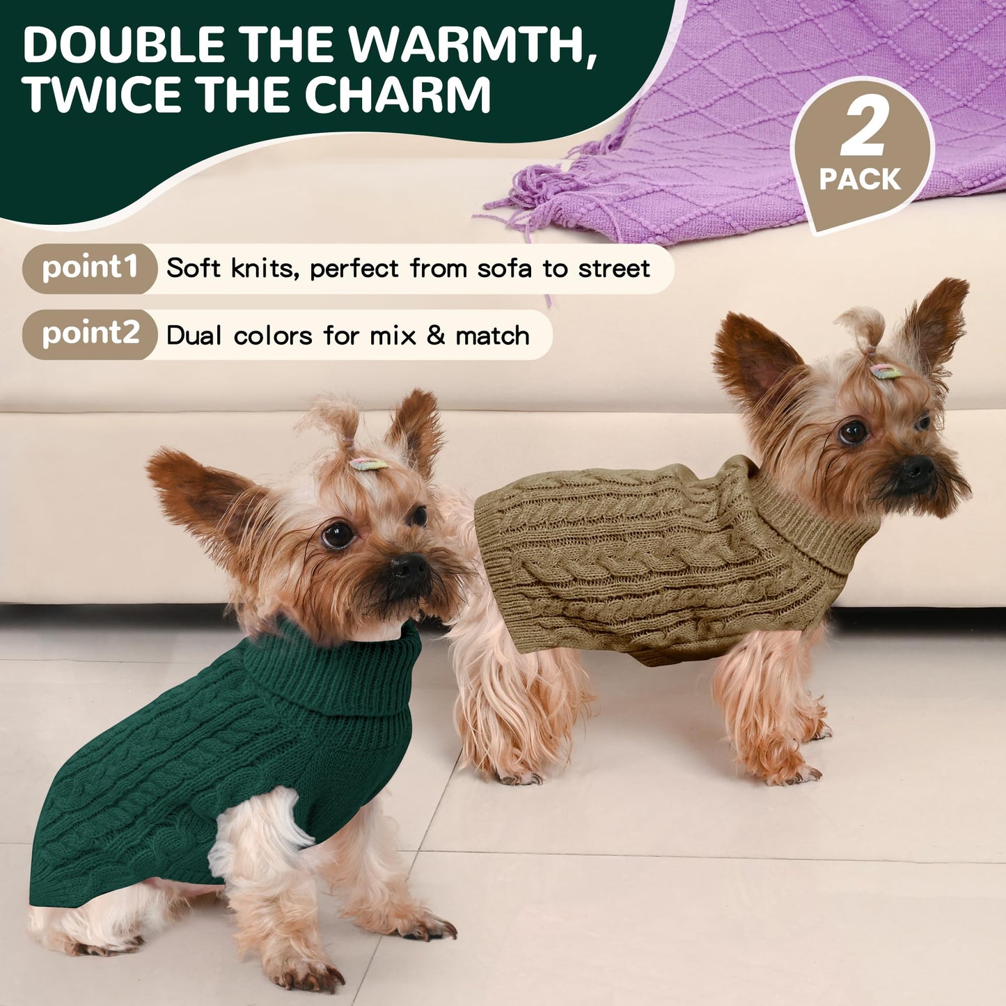 2 Pack Dog Sweaters for Small Dogs Winter Turtleneck Pullover Cable Knit Fleece Stretch Puppy Doggie Chihuahua Toy Poodle Yorkie Pomeranian Boy Girl Pet Clothes (S, Pink & Purple)