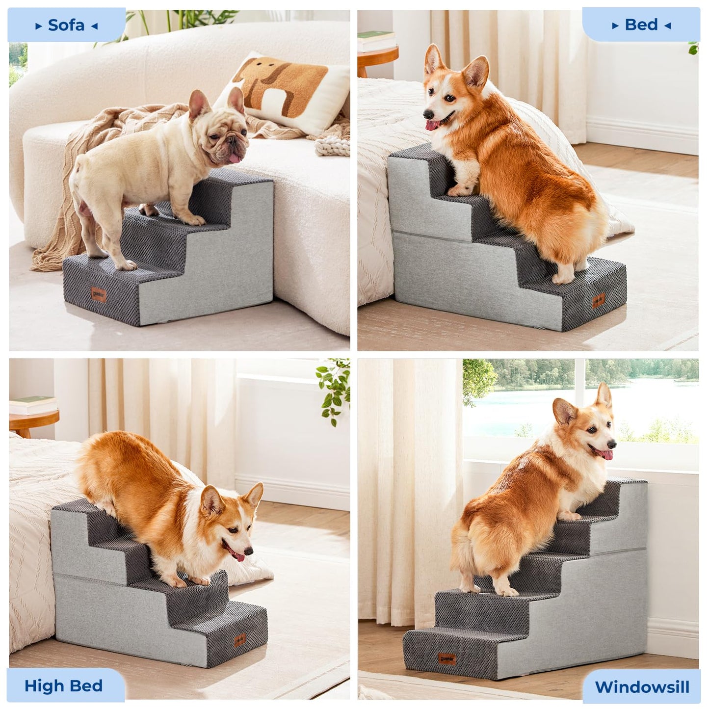 Dog Stairs for Small Dogs - Pet Stairs 2 in 1 with Zippers Suitable for Couch and Bed, 35D Foam Dog Steps with Non Slip Bottom Grey 4 Steps, Beige