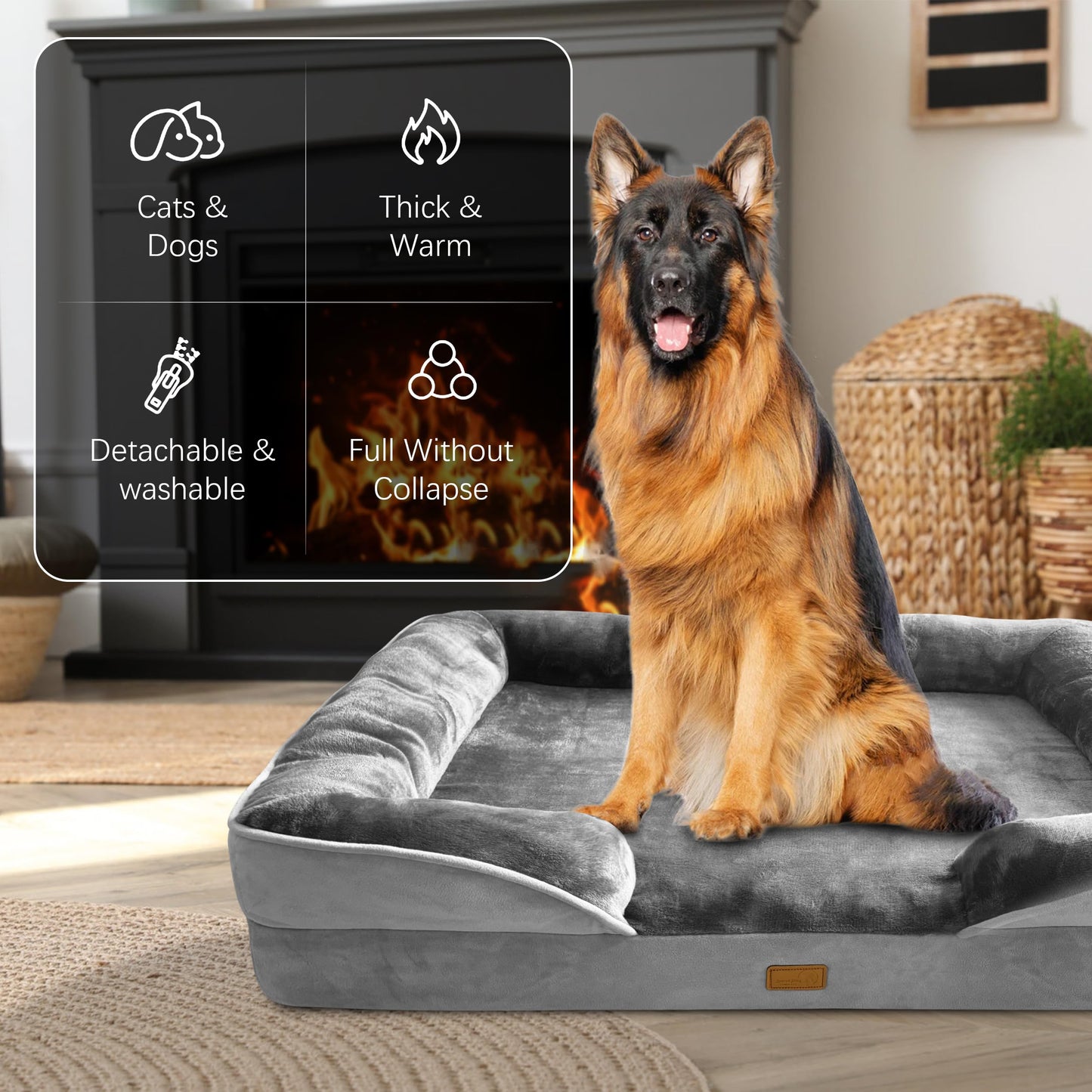 Orthopedic Dog Bed with Sides - Dog Sofa Beds for Medium Dogs, Supportive Foam Pet Couch Bed with Washable Removable Cover, Waterproof Lining and Non-Slip Bottom, Grey - M