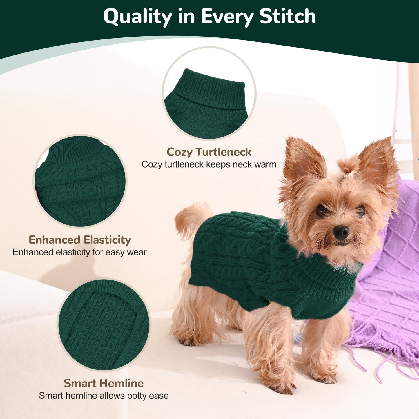 2 Pack Dog Sweaters for Small Dogs Winter Turtleneck Pullover Cable Knit Fleece Stretch Puppy Doggie Chihuahua Toy Poodle Yorkie Pomeranian Boy Girl Pet Clothes (S, Pink & Purple)