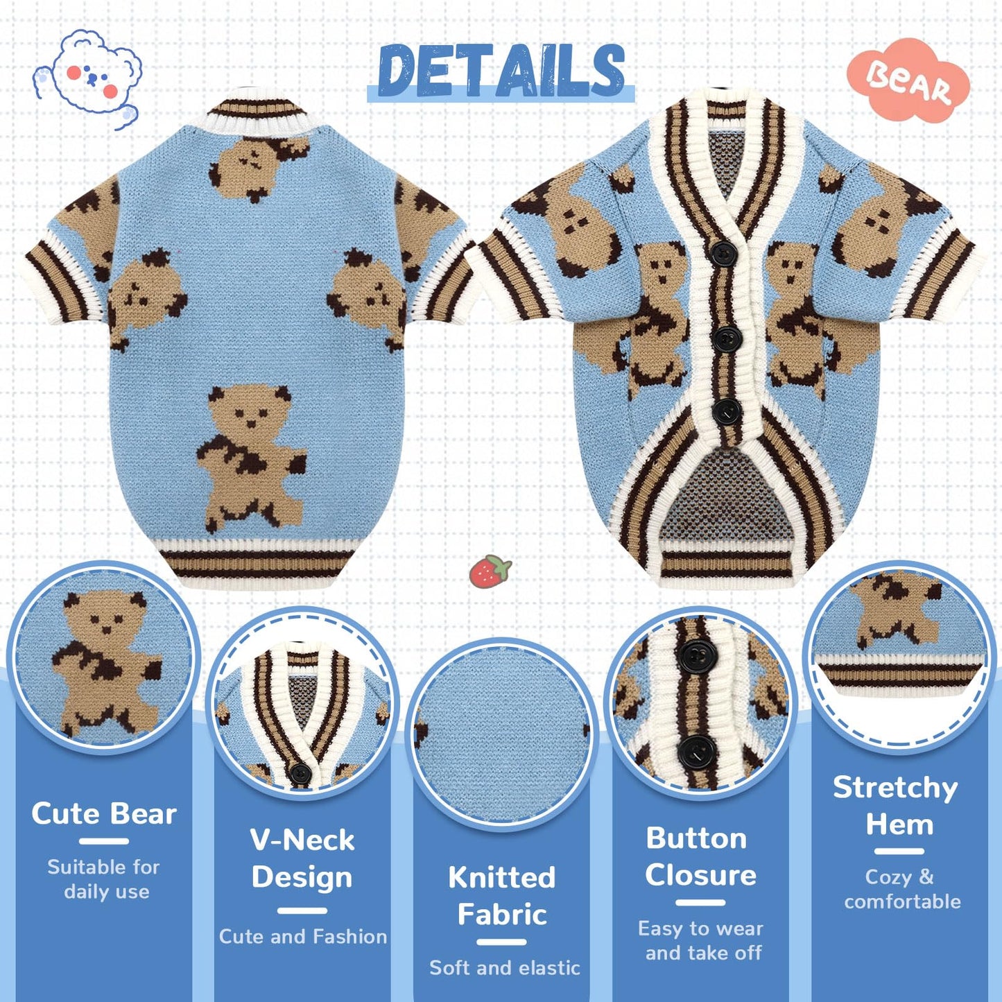 ABRRLO Small Dog Sweaters Cute Bear Dog Cardigans Clothes for Small Medium Dogs Boy Girl Puppy Cat Knitting Cardigan Outfits Dogs Autumn Coats Warm Pet Doggy Clothes Soft Knitwear Apparel (Beige,M)