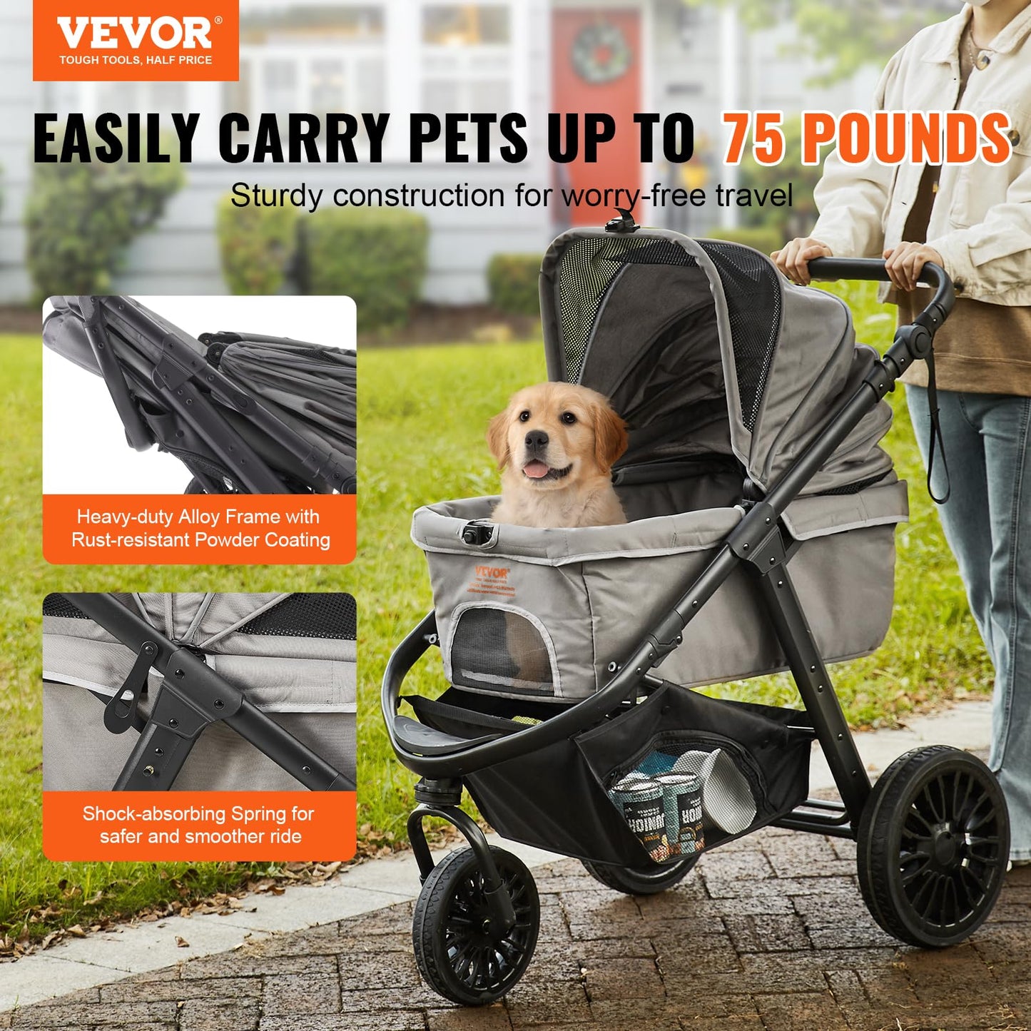 VEVOR Pet Stroller, 35 lbs Weight Capacity, Foldable Dog Stroller Cart, 4 Wheels Cats Strollers with with Detachable Carrier & Mesh Windows, Portable Design with Brake for Small to Medium Pets