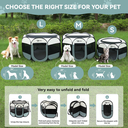 Siedihit Dog Cat Playpen, Puppy Pet Playpen Indoor for Small Dog Crate Tent Cage Outdoor, Portable Pop Up Dogs Enclosure Kennel with Carrying Case for Dogs/Cats/Rabbits(Grey, Small