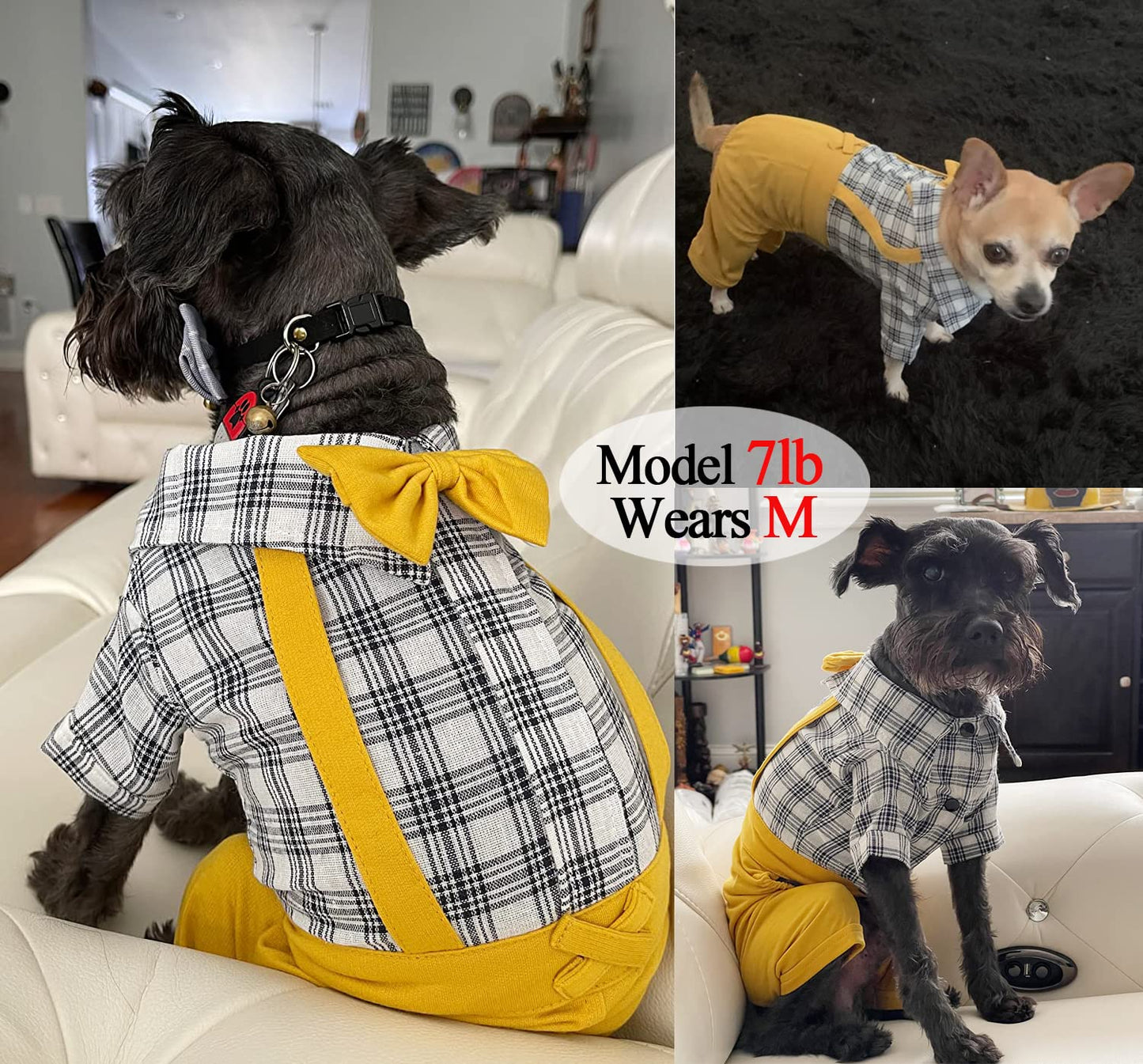 Pet Clothes Dog Shirts Classic Plaid Striped Overall Jumpsuit, Gentle Puppy Wedding Birthday Western Onesies Apparel, Fashion Daily Outfit with Bowtie for Dogs and Cats (Medium, Khaki)