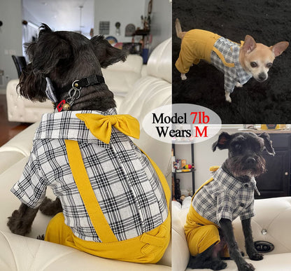 Pet Clothes Dog Shirts Classic Plaid Striped Overall Jumpsuit, Gentle Puppy Wedding Birthday Western Onesies Apparel, Fashion Daily Outfit with Bowtie for Dogs and Cats (Medium, Khaki)